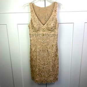 Sue Wong Beige Embroidered Midi Dress